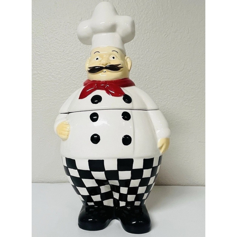 Fat Chef Candy Treat Jar White Black Checker Pants Ceramic Chubby Guy 12"